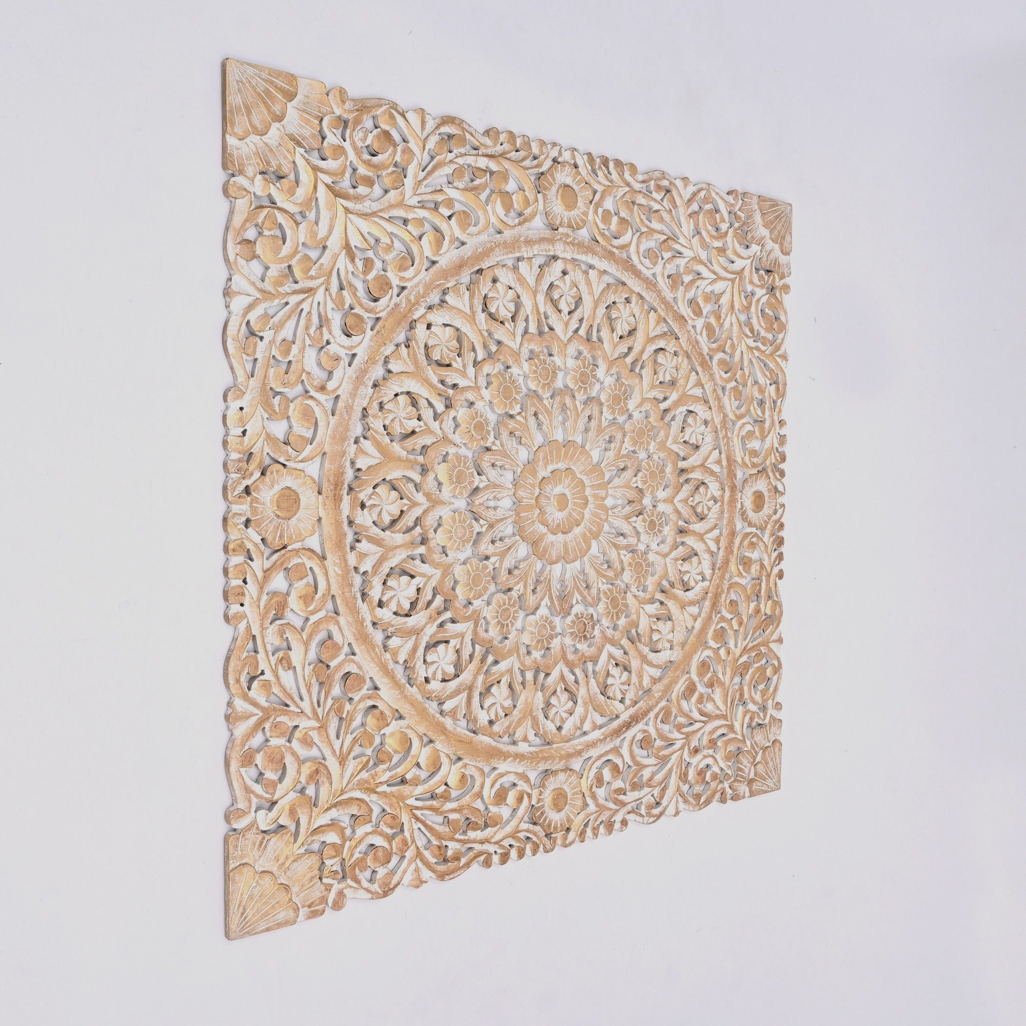 Floral Hand Carved Mandala Square Wall Decor With Spiritual Symbolism - Gold / White