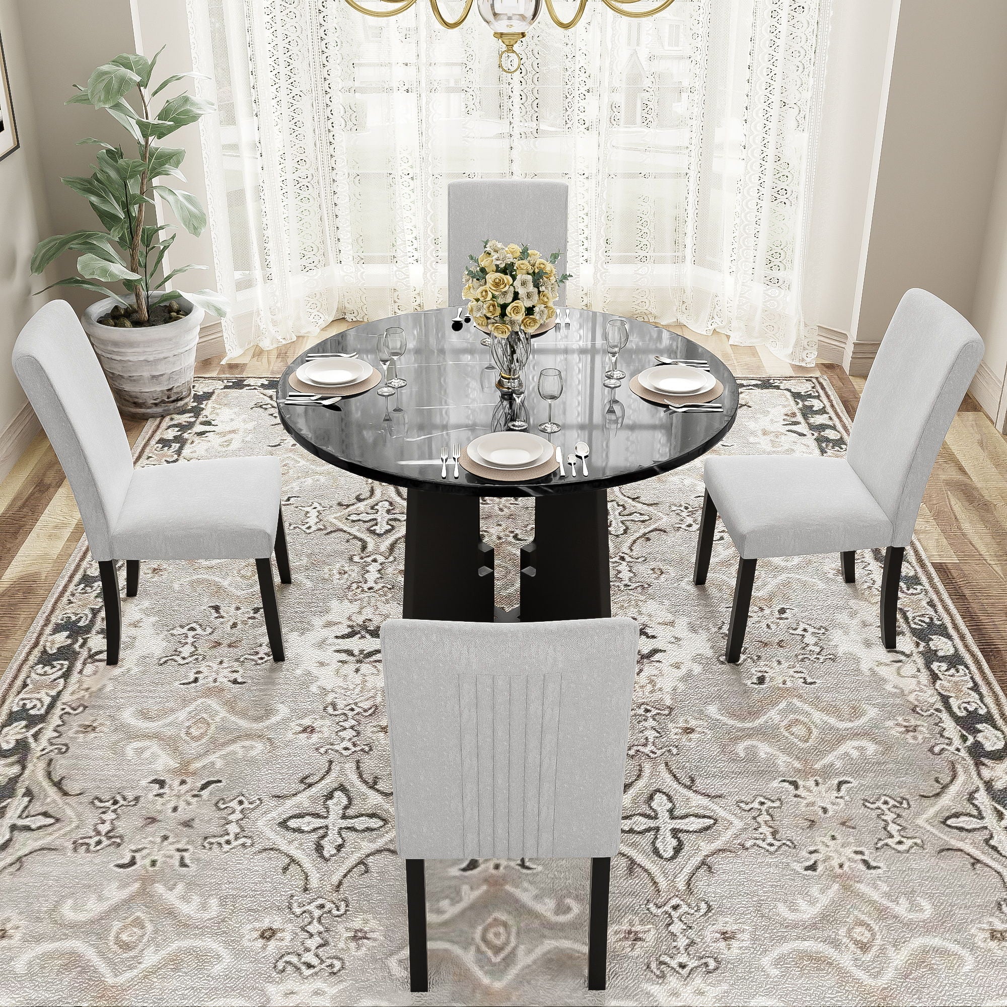 5 Piece Round Dining Table Set, Modern Dining Table And 4 Upholstered Chairs For Dining Room