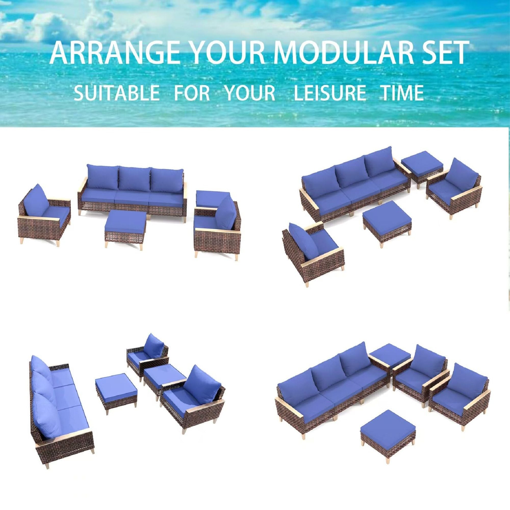 7 Pieces Patio, Wicker Dining Set With Removable Cushions Cotton And Rattan - Blue