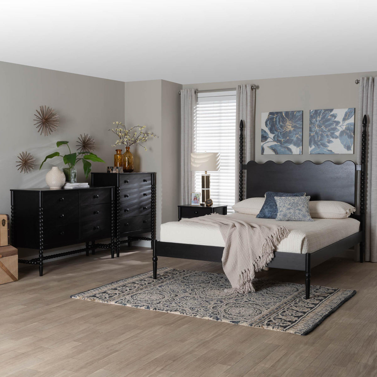 Brantley Spindle 4-Piece Bedroom Set - Farmhouse Bed Frame with Matching Dresser, Chest, and 1-Drawer Nightstand, Black, King