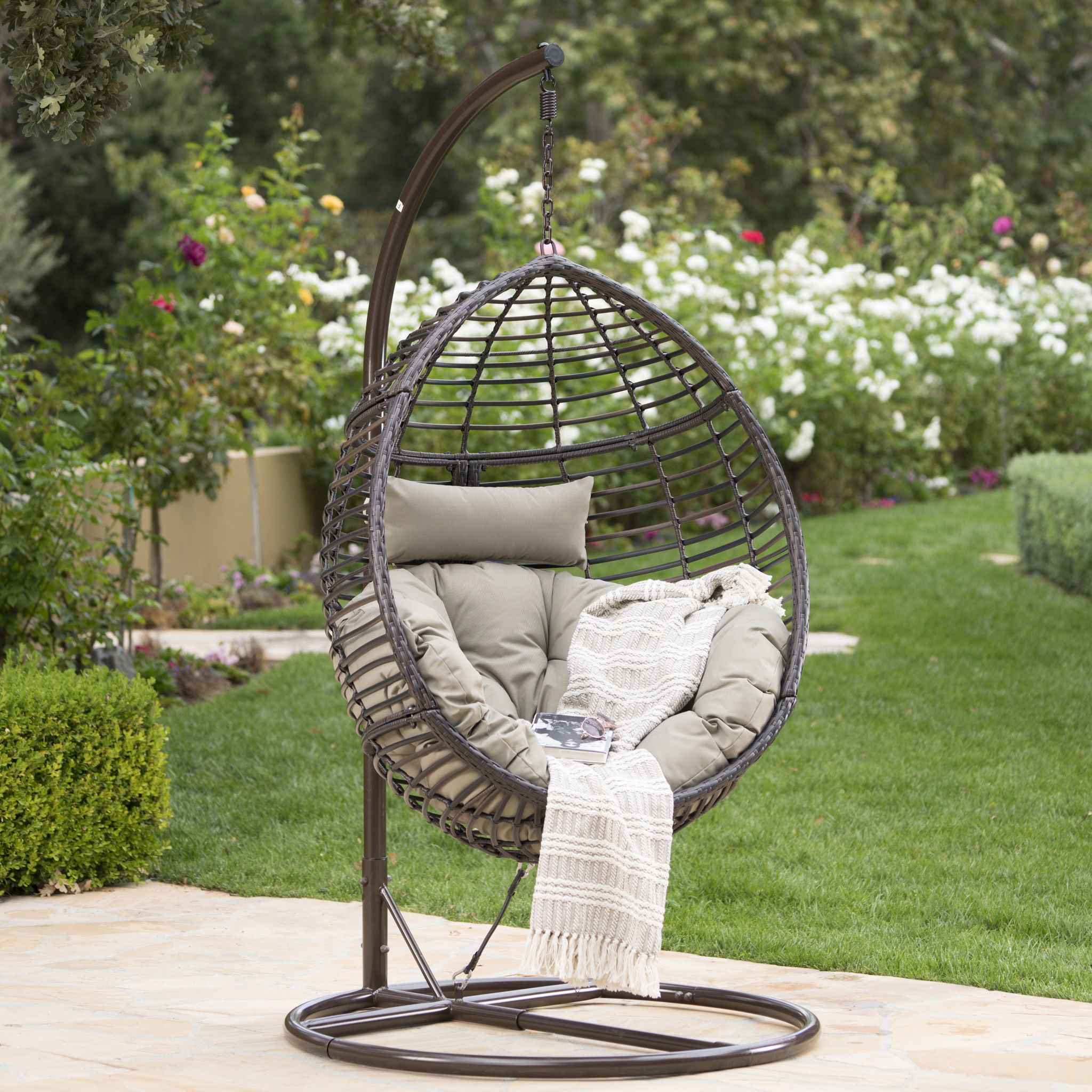 Hanging Basket Chair With Metal Frame And Seat Cushion