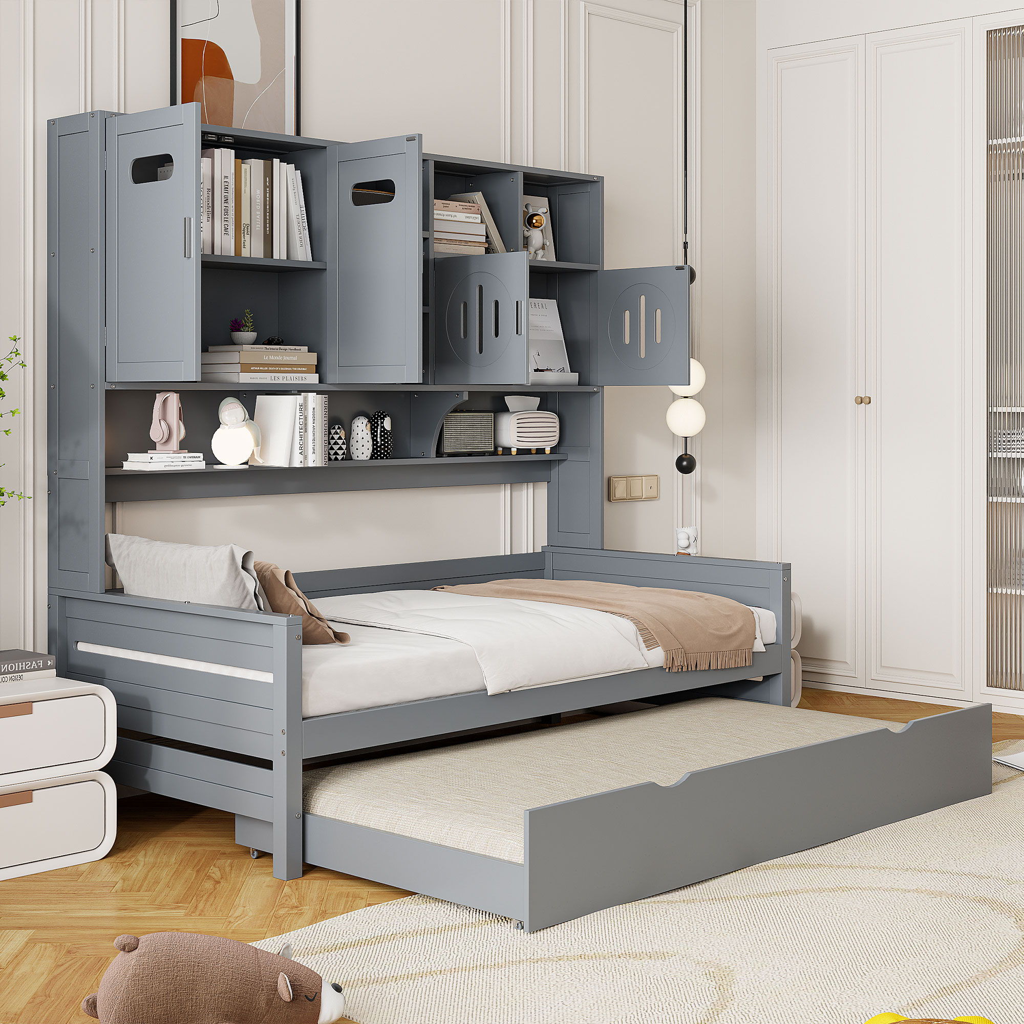 Daybed With All-In-One Cabinet And Shelf