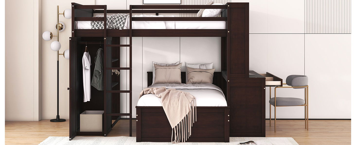 Loft Bed With A Twin Size Standalone Bed, Shelves, Desk, And Wardrobe