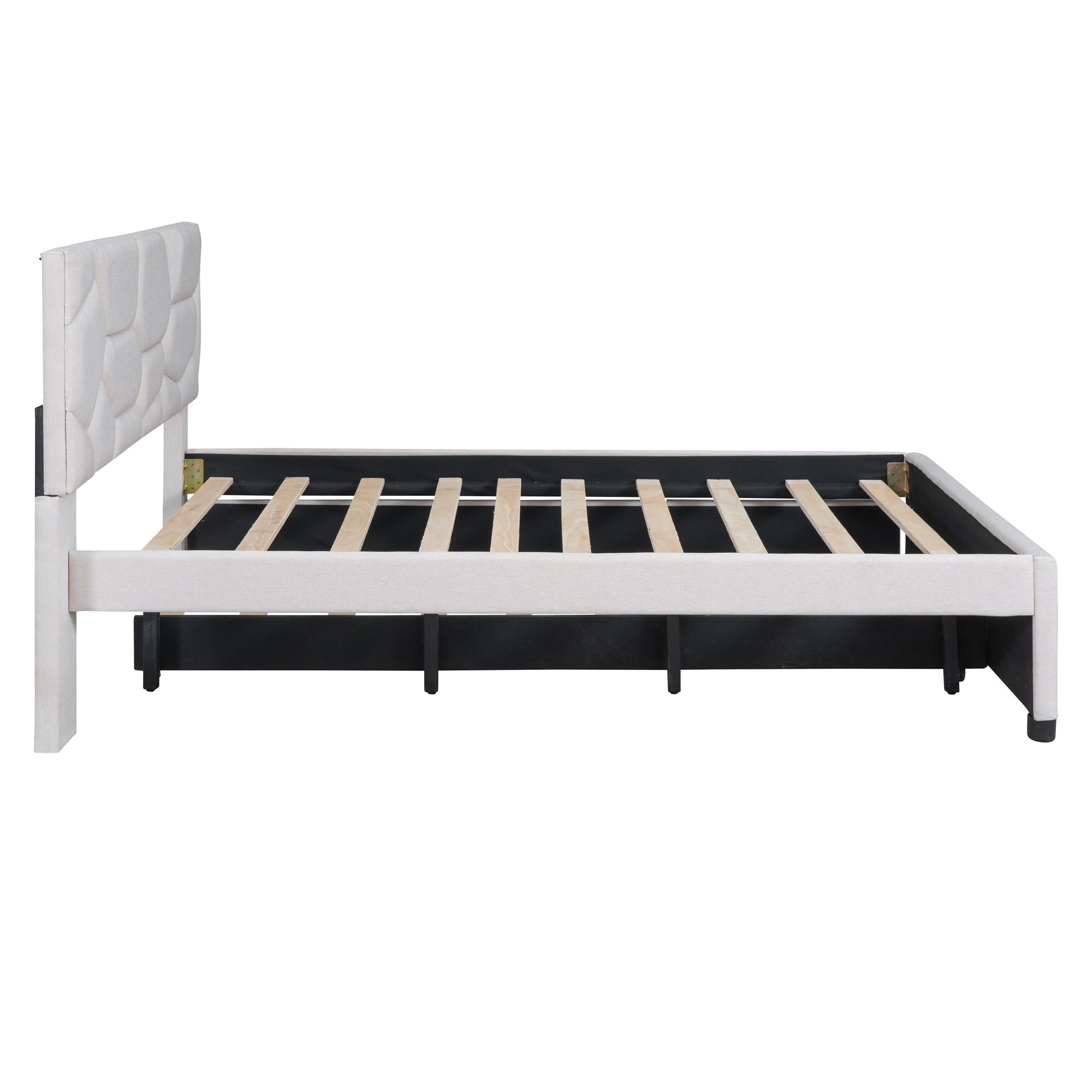 Upholstered Platform Bed With Brick Pattern Headboard And Twin Long Size Trundle