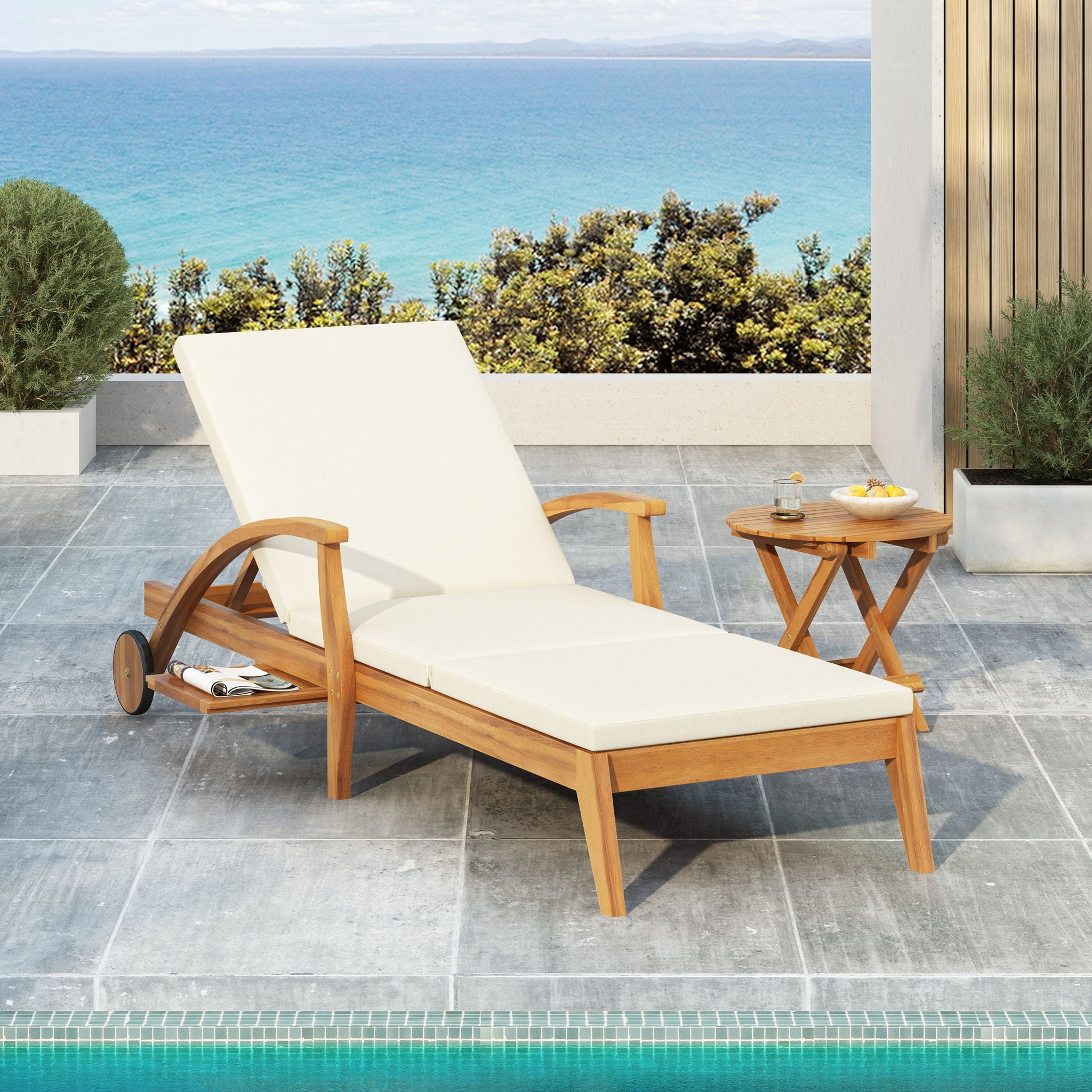 Versatile Chaise Lounge With Wheels Acacia Wood Recliner For Patio - Cream