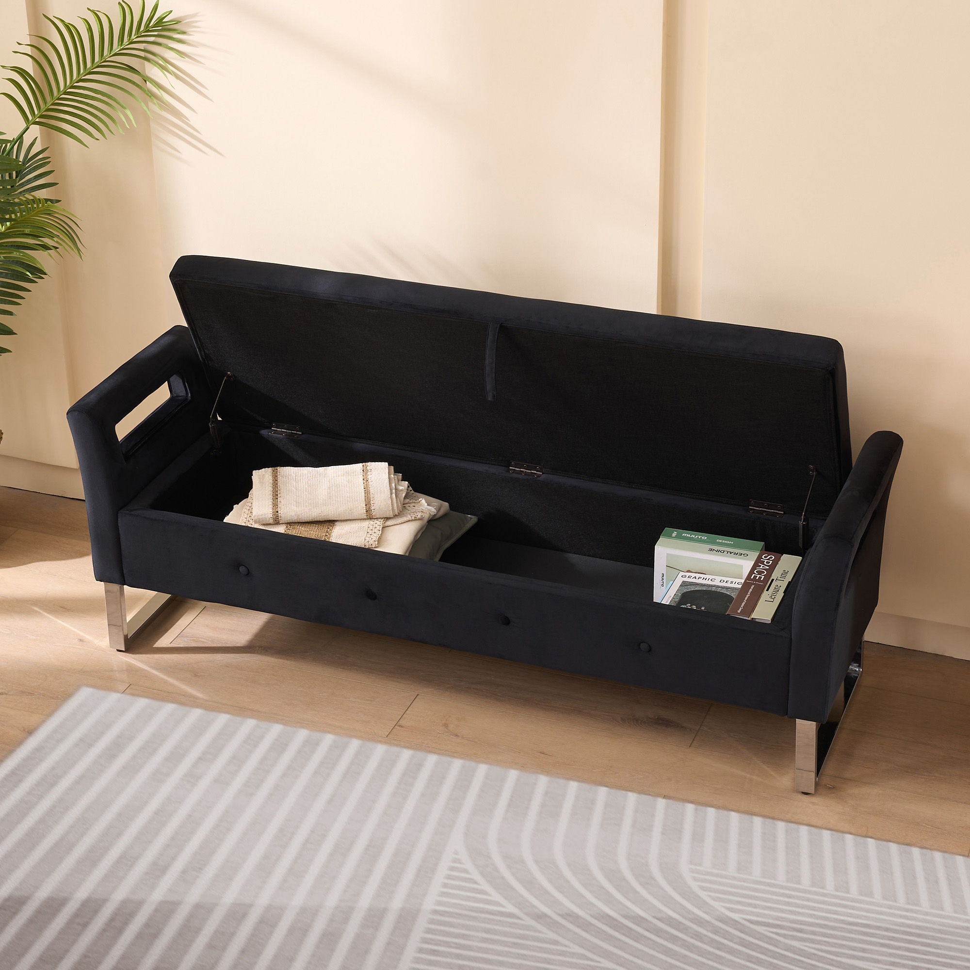 Wide Storage Soft Ottoman Bench With Armrests