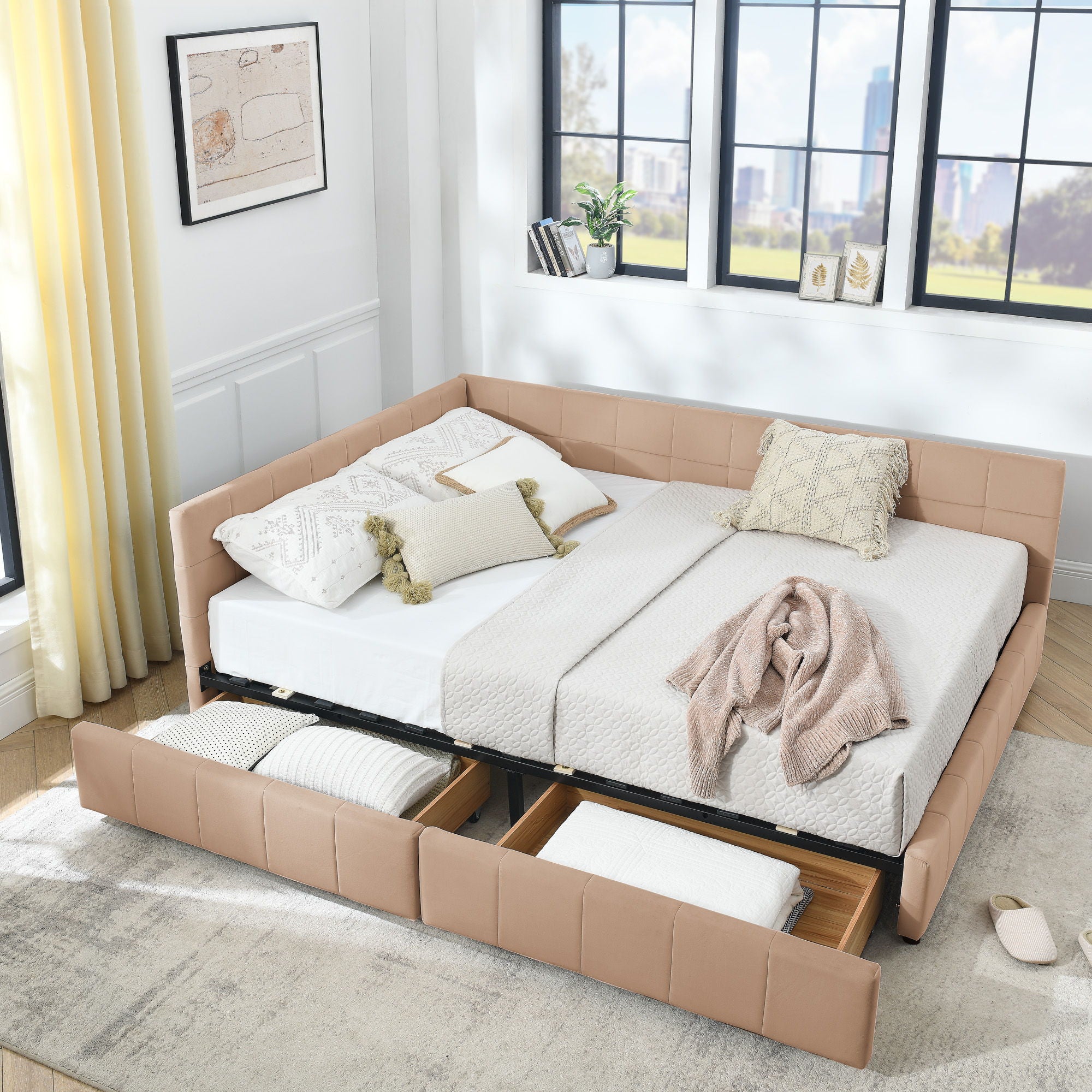 Mid-Century Storage Upholstered Tufted Bed Frame With Backrest And Armrests