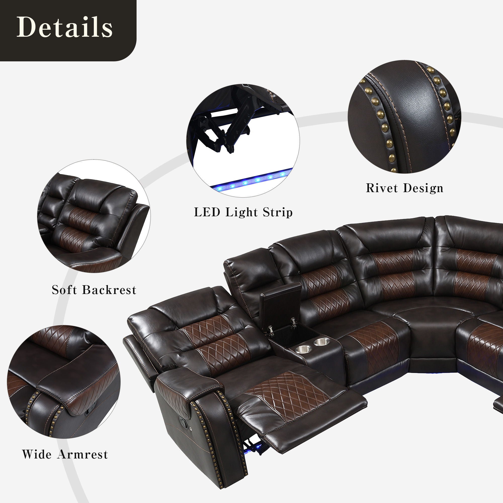Manual Reclining Sectional Sofa Set, L Shaped Symmetrical Motion Sofa Corner Couch Sets With Storage Boxes, 4 Cup Holders And LED Light Strip For Living Room