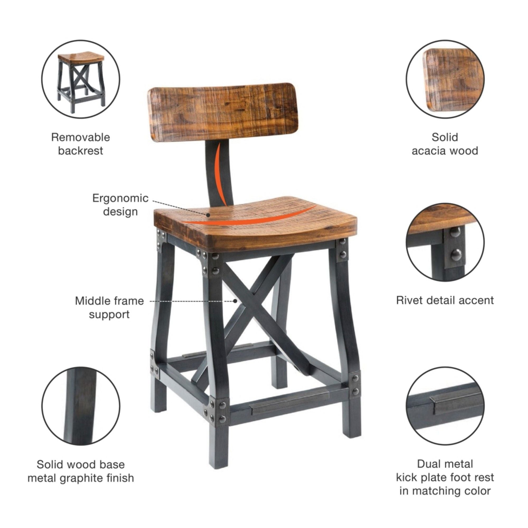 Industrial Counter Stool With Back Removable Solid Acacia - Amber