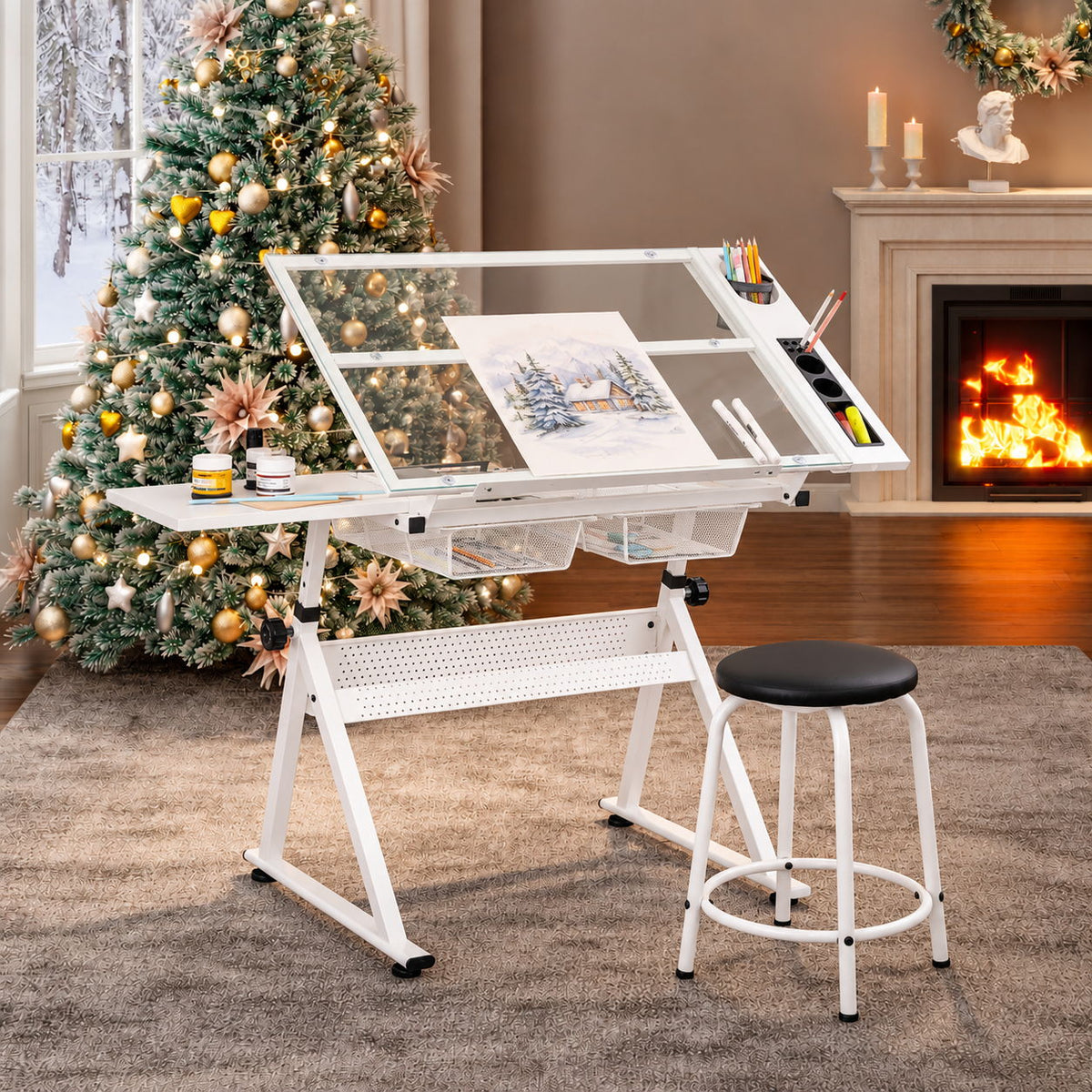 Adjustable Tempered Glass Drafting Printing Table With Chair