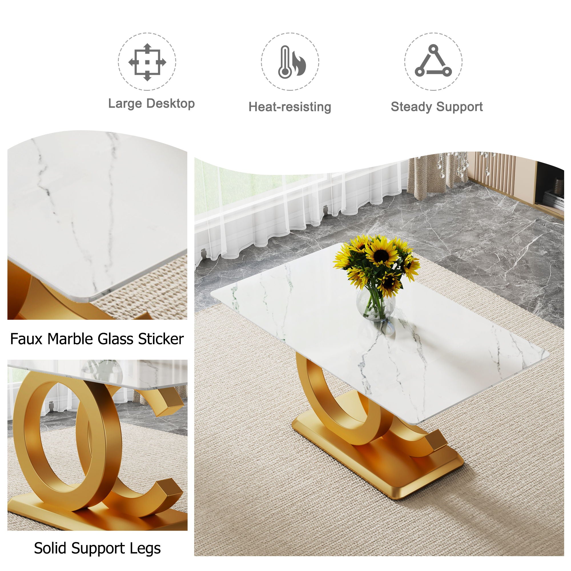 Modern Minimalist Rectangular Dining Table For 6 - 8 People With Brackets And Aureate Base - Gold