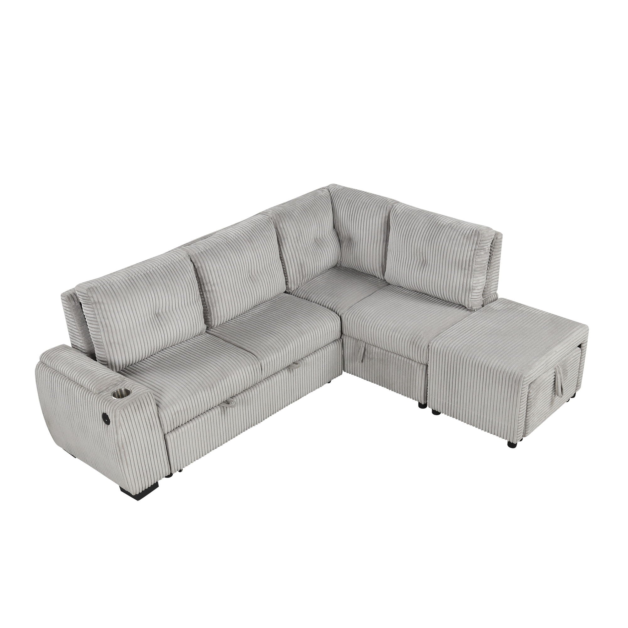 Pull-Out L-Shaped Sectional Sofa With Movable Ottoman And Stool, Large Storage Space, A Cup Holder, And 2 USB Ports For Living Room