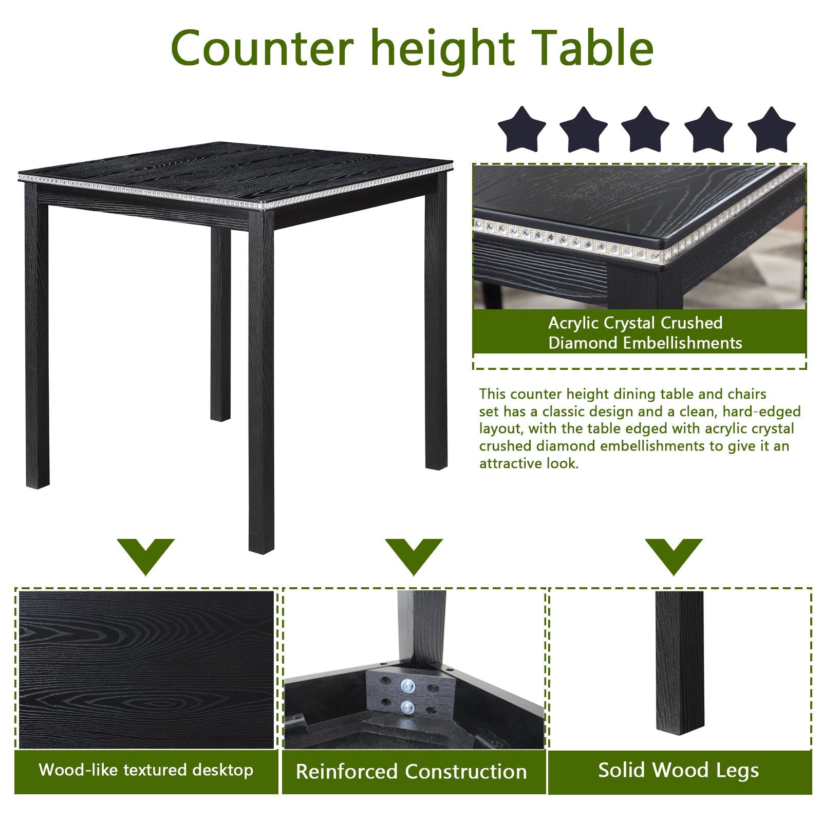 5 Pieces Counter Height Table Set, Kitchen Table With Square Table And 4 Upholstered Chairs