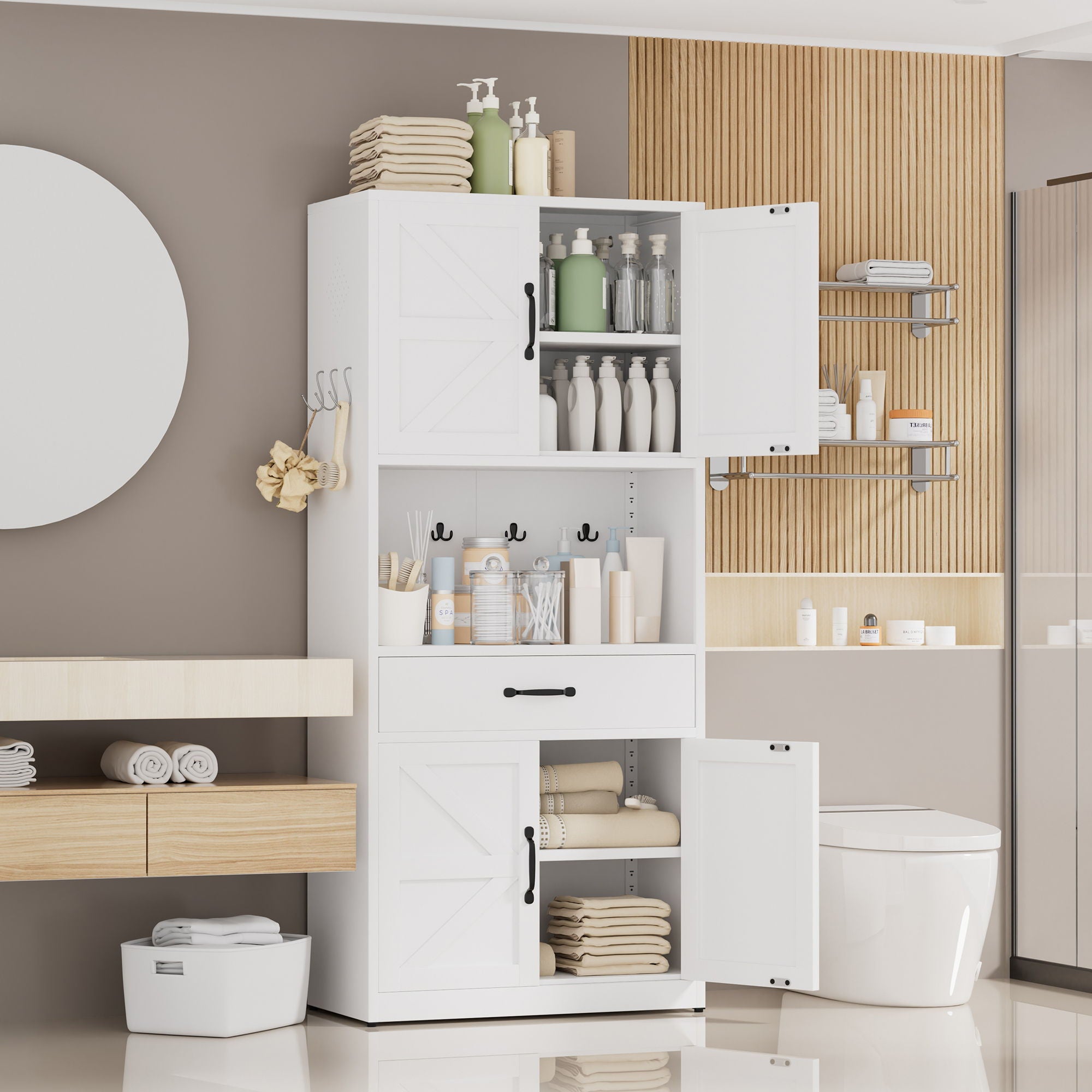 Kitchen Pantry Cabinet With Adjustable Shelves, Drawers, Hooks And Large Countertop - White