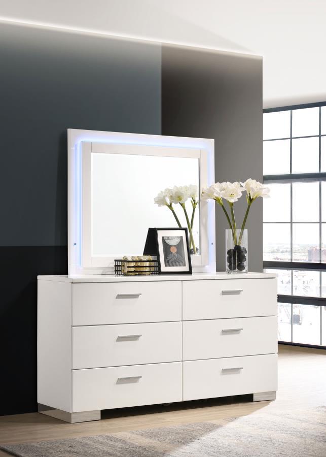 Coaster Fine Furniture Felicity - 6-Drawer Dresser With LED Mirror - White High Gloss | Meri Furniture