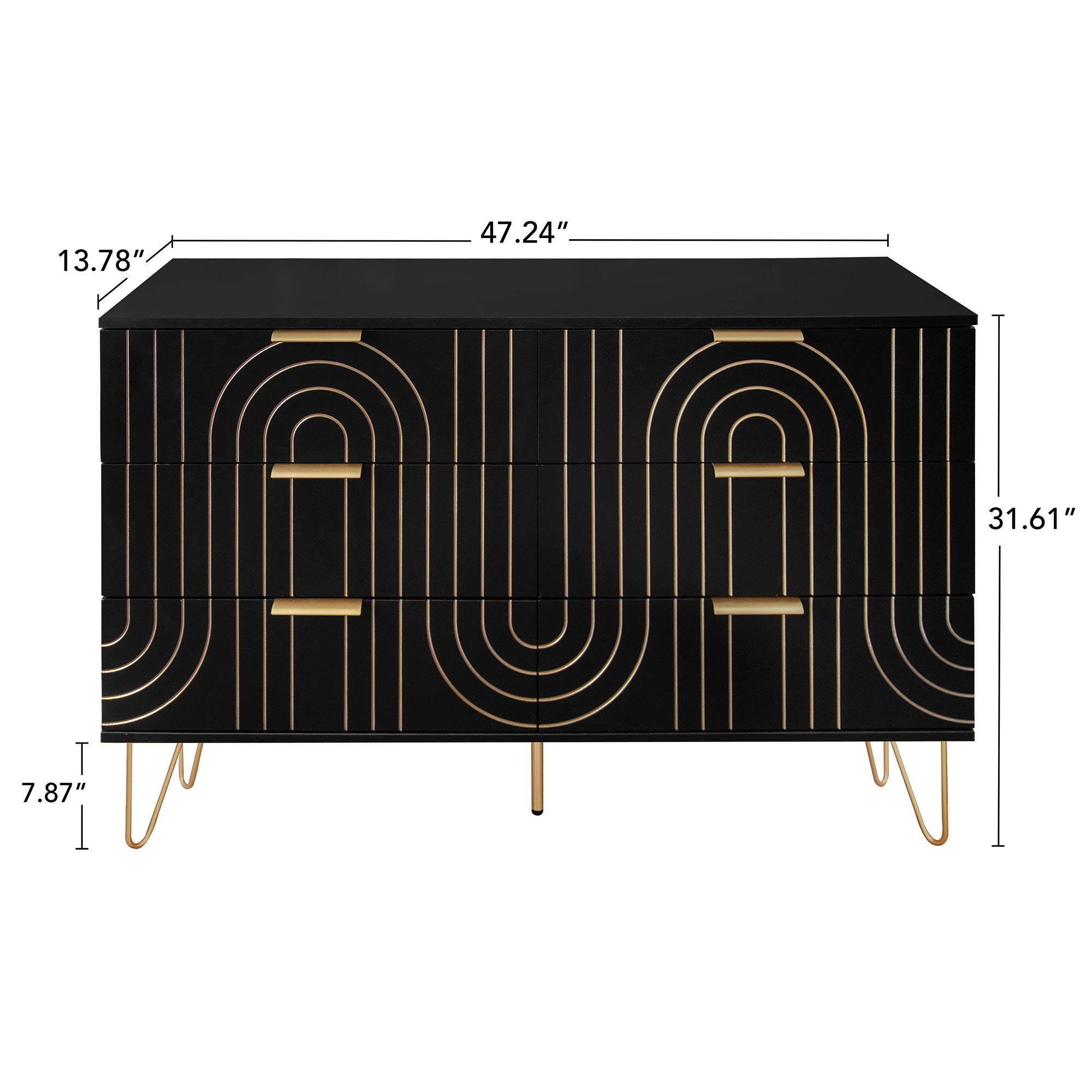 Modern 6 Drawer Dresser, Modern Dresser With Metal Handles, Storage Chest Of Drawer, Wide Dresser Drawer Organizers With Carving Design For Bedroom, Living Room, Hallway - Black