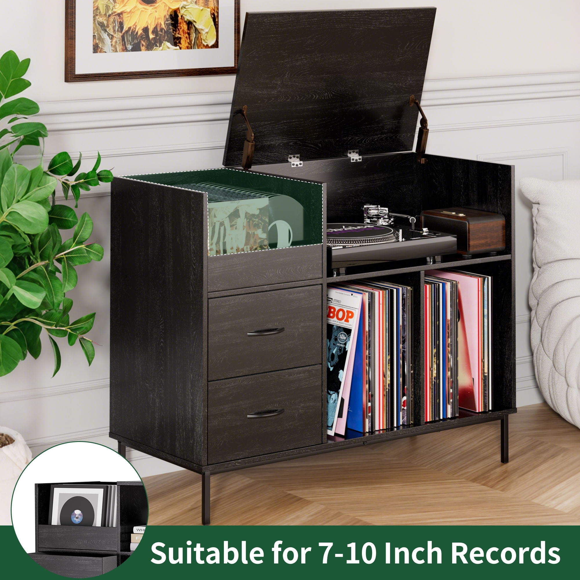 Eco-Friendly Vinyl Record Player Stand With Flip-Top Storage, Media Console With Dual Outlets And Dustproof Drawers