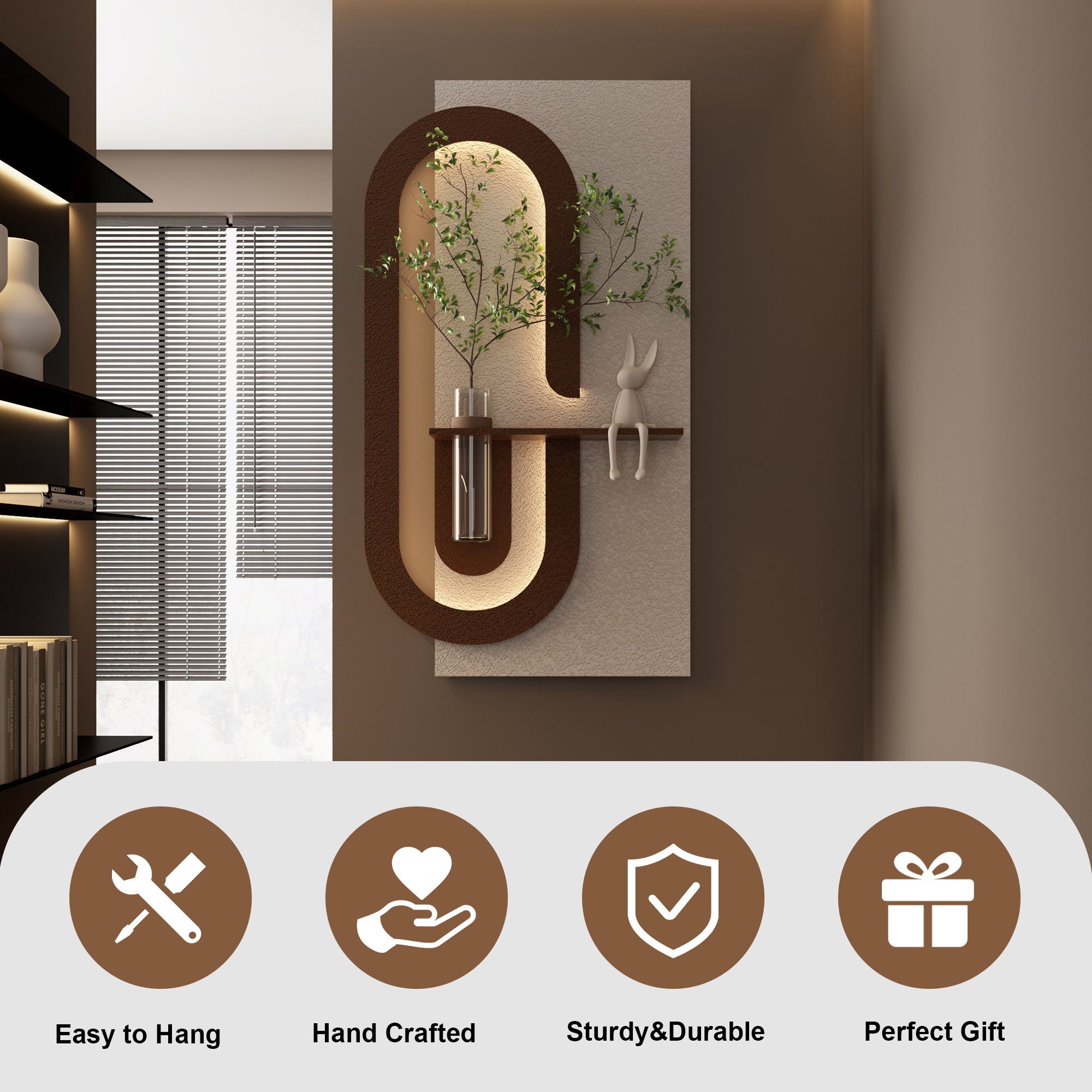 Adjustable LED Sandstone Wall Decor With Simulated Plants 3D Art Sculpture, Glass Vase & Rabbit Statue, Remote Control - Light Coffee