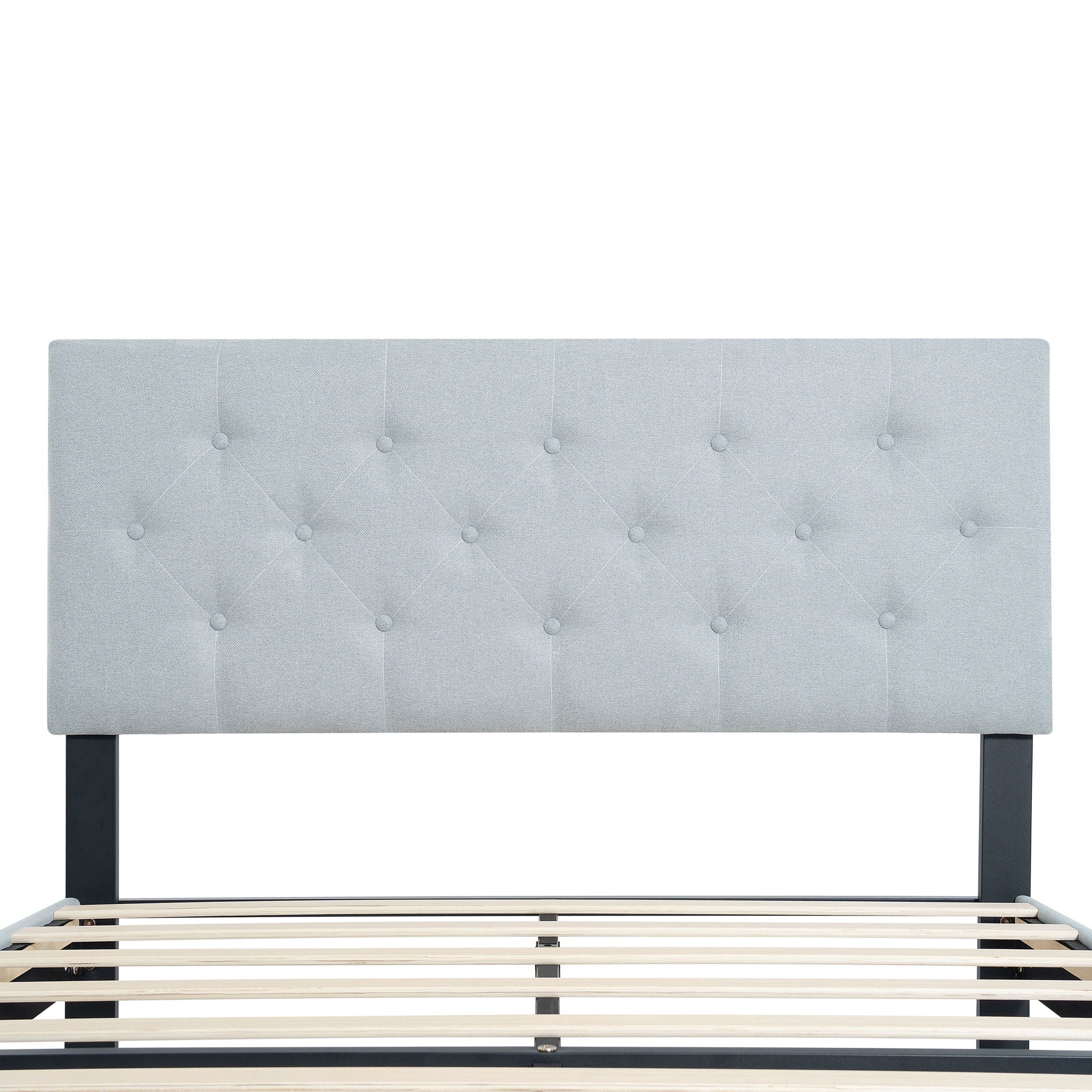 Modern Upholstered Platform Bed Frame With Button Tufted Linen Fabric Headboard