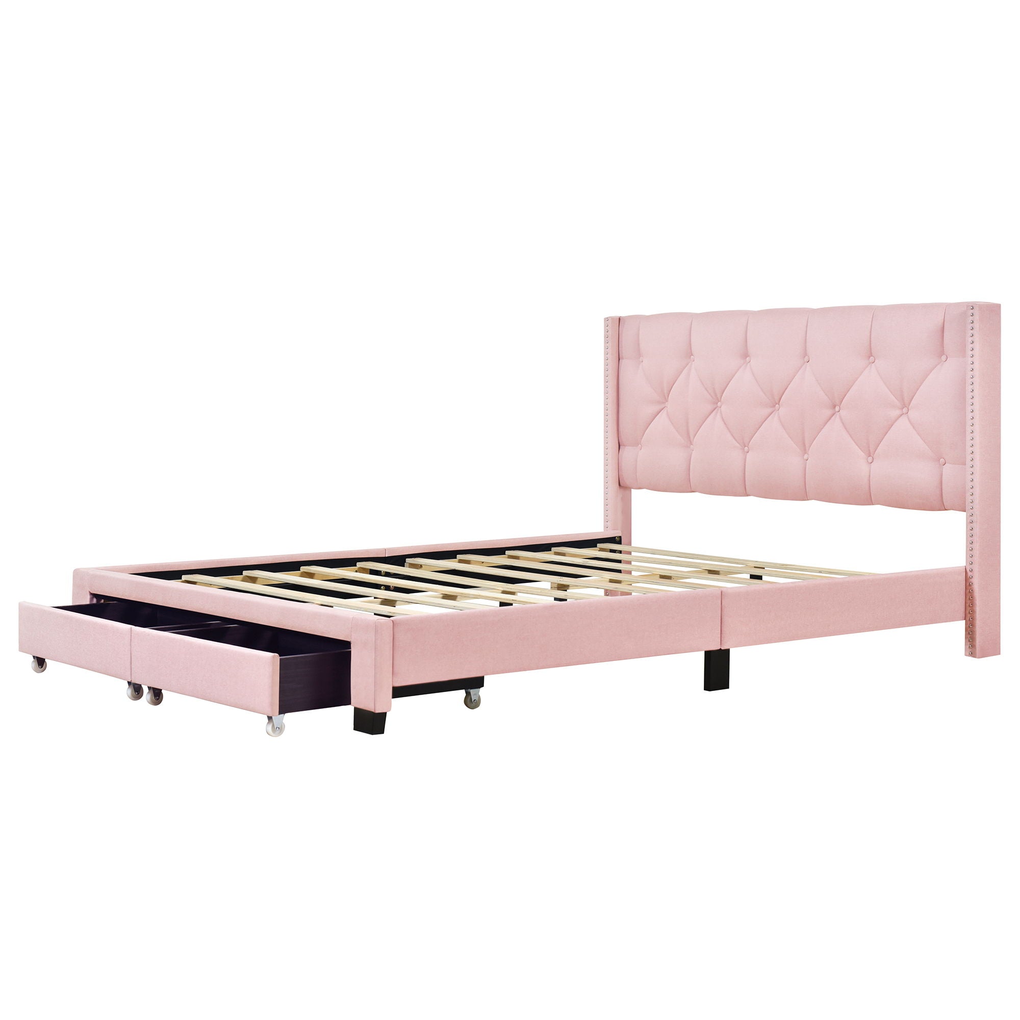 Queen Size Storage Bed Linen Upholstered Platform Bed & Two Drawers - Pink