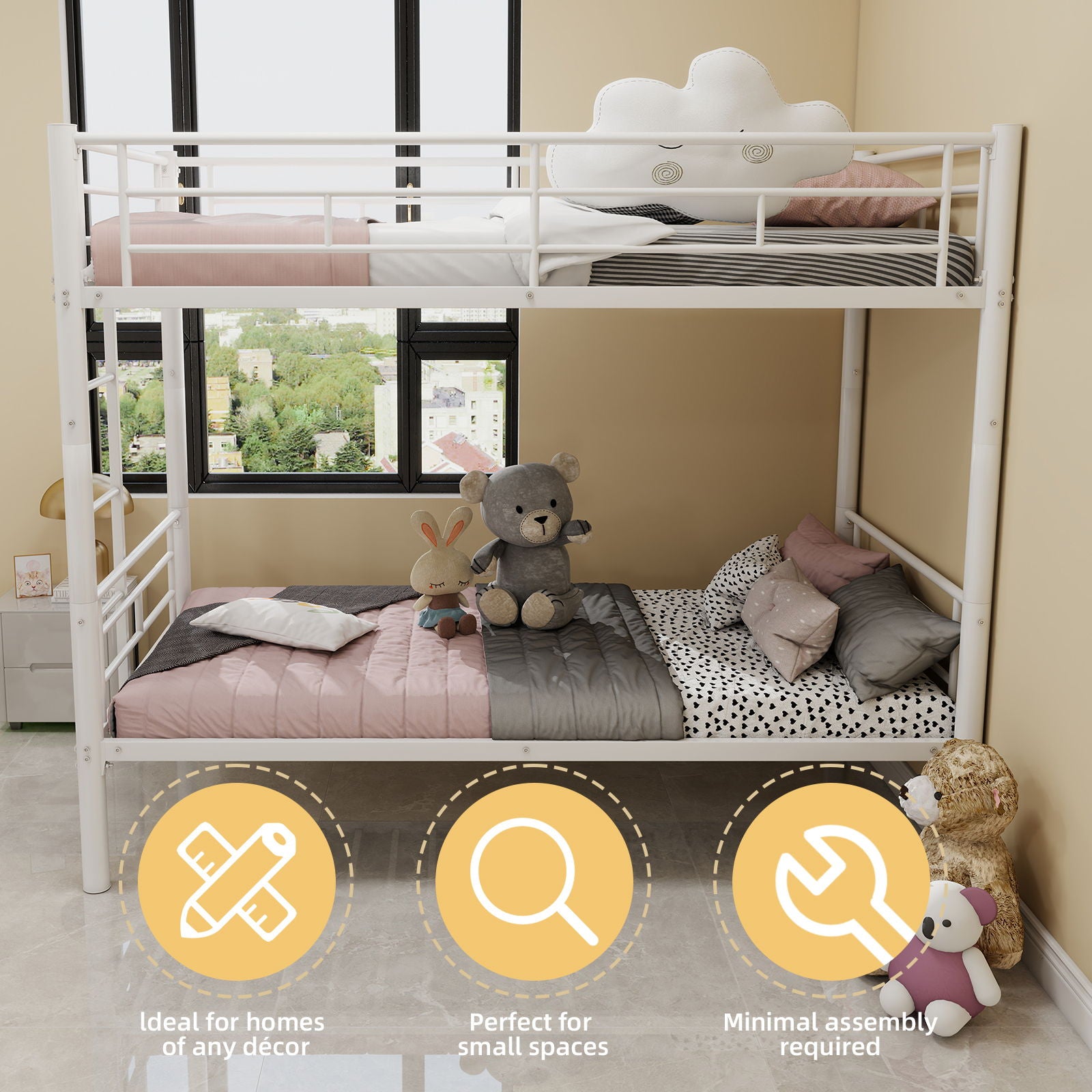 Metal Bunk Bed For Kids, Convertible Bedframe With Ladders & Guardrail