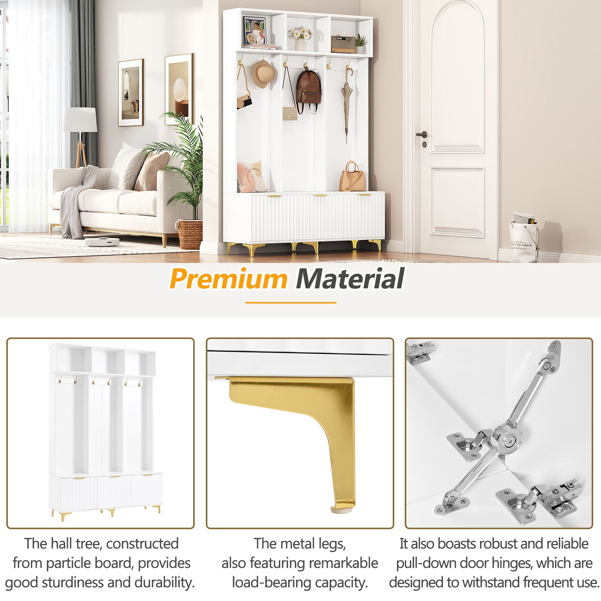 Modern Large Storage Hall Tree With Bench, 6 Hooks