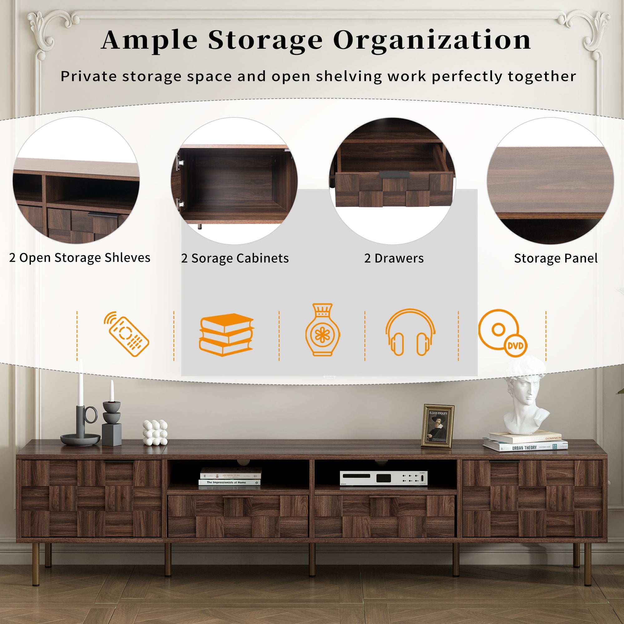 Mid Century TV Stand With 2 Drawers, Media Console Table For Tvs Up To 85'', Entertainment Center With Storage For Living Room - Dark Brown