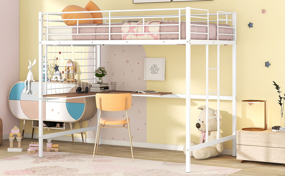 Full Loft Bed With Desk And Grid - White