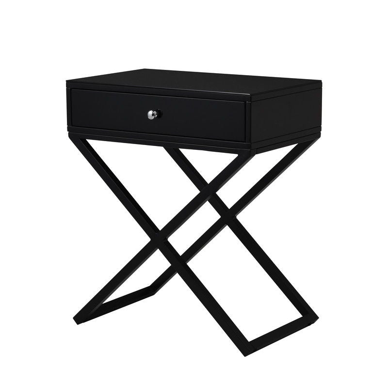 Koda 23"W Black Wooden End Side Table Nightstand with Glass Top, Drawer and Metal Cross Base