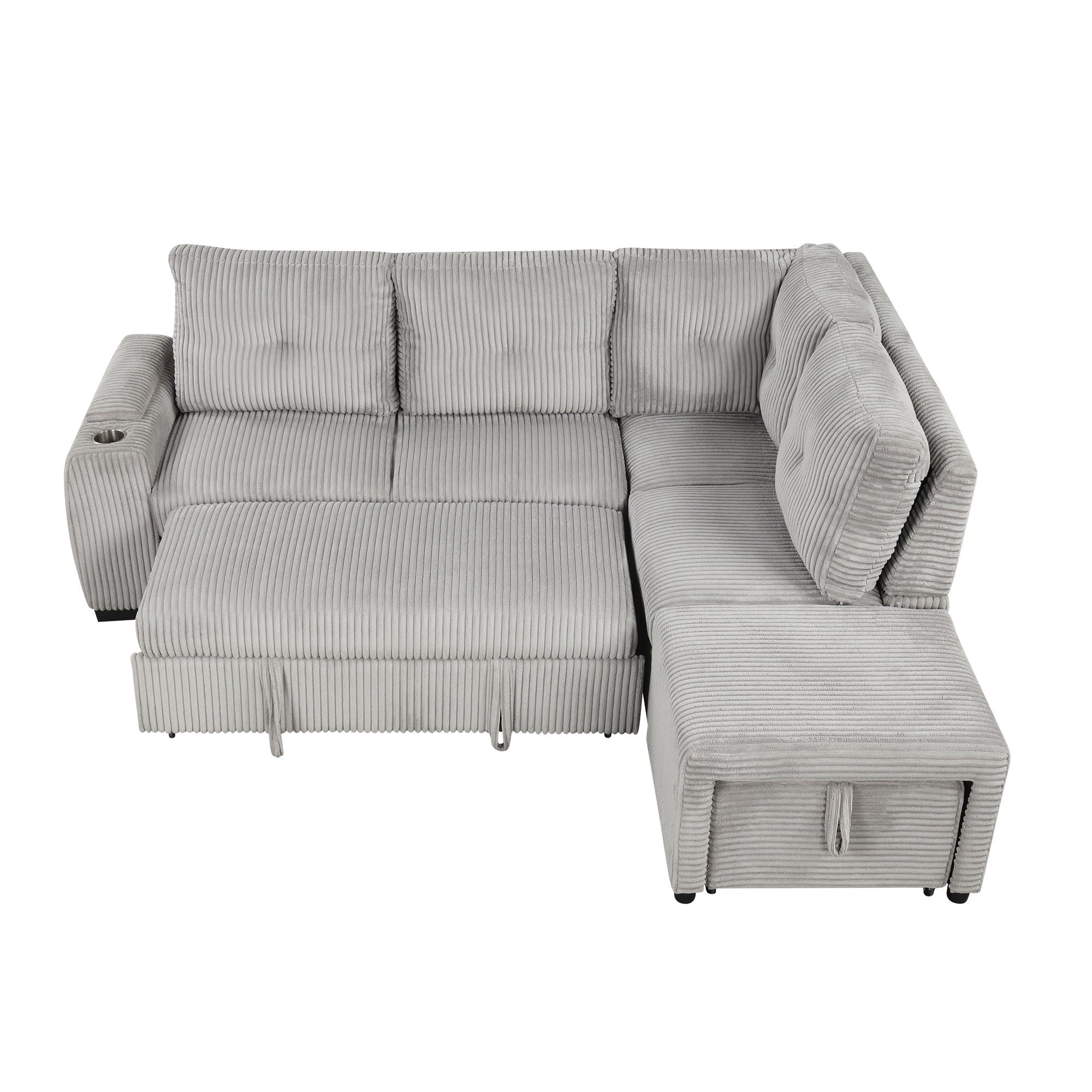 Pull-Out L-Shaped Sectional Sofa With Movable Ottoman And Stool, Large Storage Space, A Cup Holder, And 2 USB Ports For Living Room