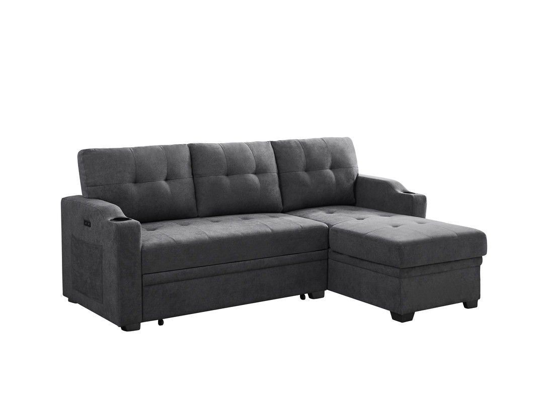 Mabel 83"W Dark Gray Woven Fabric Sleeper Sectional with cupholder, USB charging port and pocket