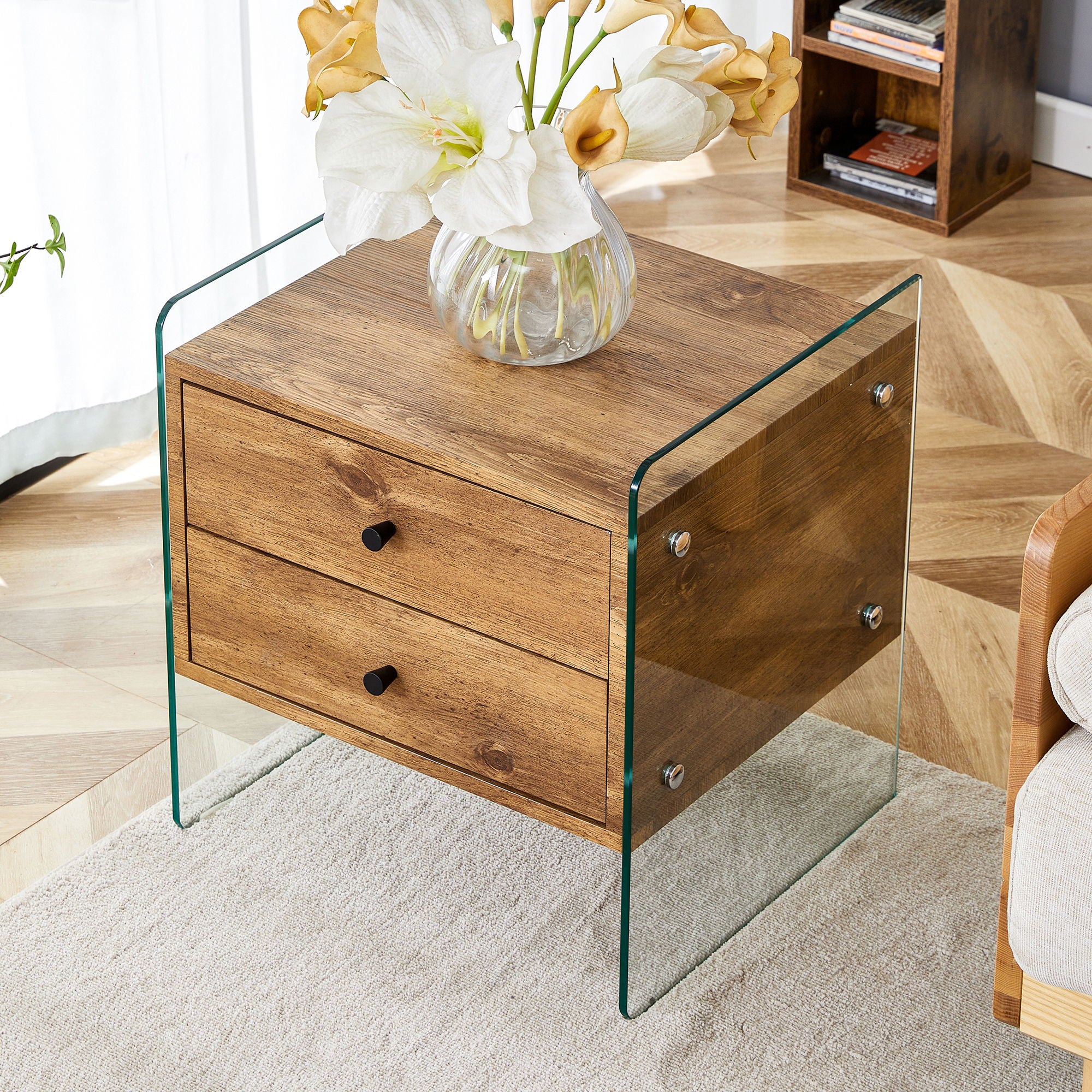 Double Drawer Bedside Table - Wood