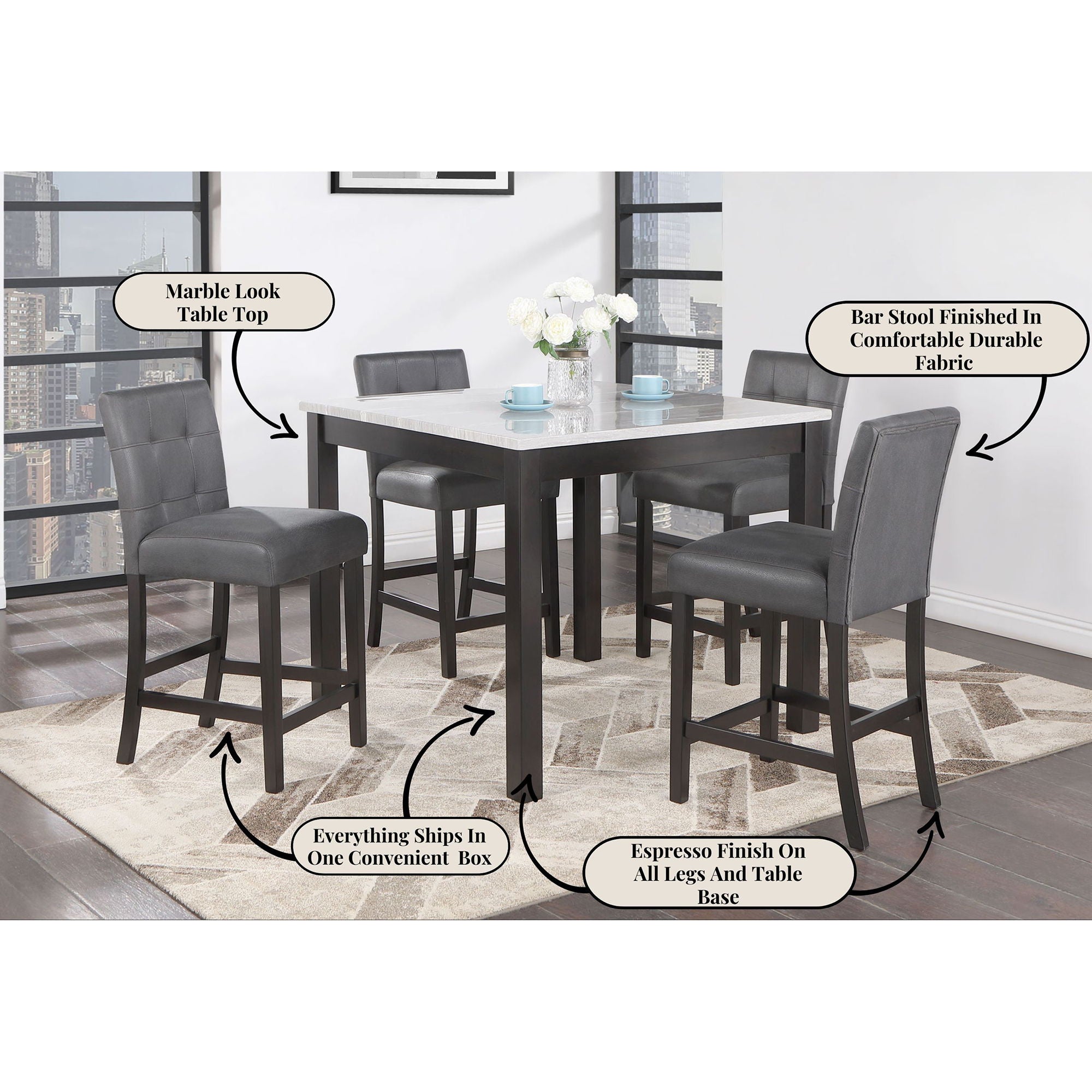 Leon - Bar Table And 4 Bar Stools - Espresso / White