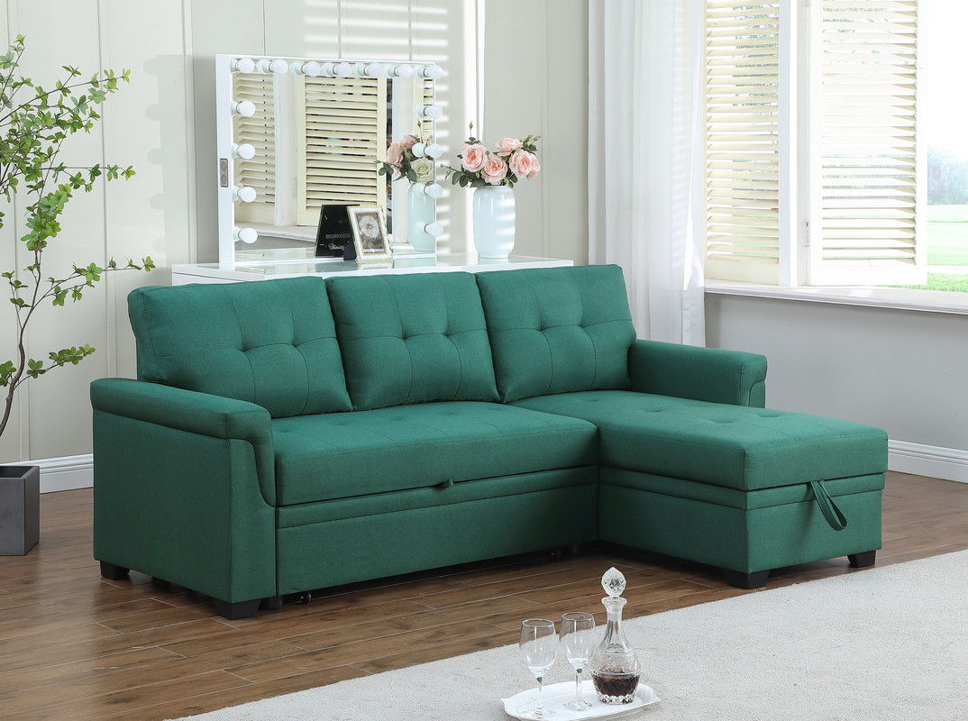 Lucca 84"W Green Linen Reversible Sleeper Sectional Sofa with Storage Chaise