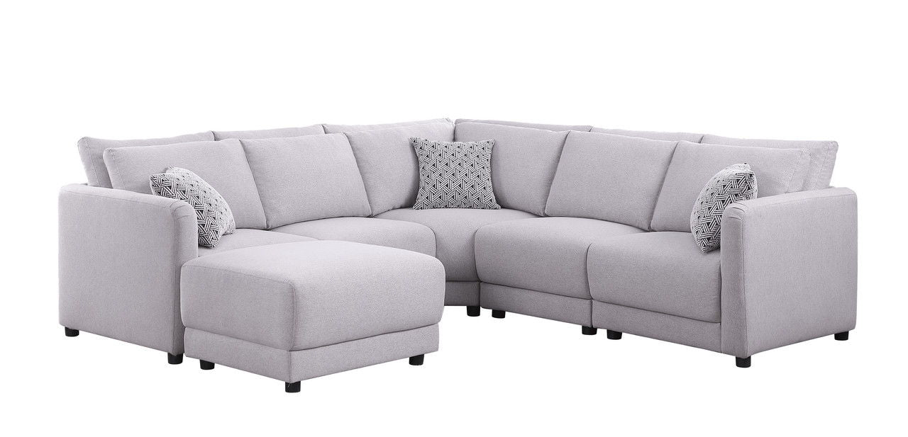 Penelope 94.5"W Light Gray Linen Fabric Reversible L-Shape Sectional Sofa with Ottoman and Pillows