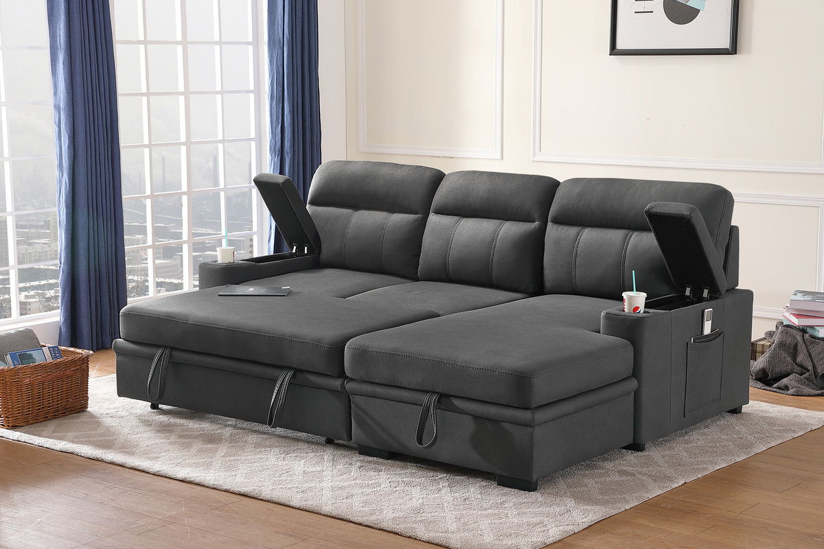 Kaden 94"W Gray Fabric Sleeper Sectional Sofa Chaise with Storage Arms and Cupholder