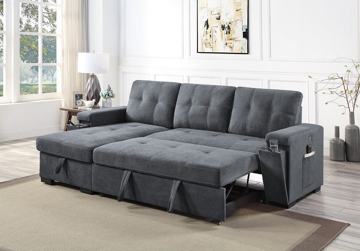 Toby 95"W Gray Woven Fabric Reversible Sleeper Sectional Sofa with Storage Chaise Cup Holder Charging Ports and Pockets