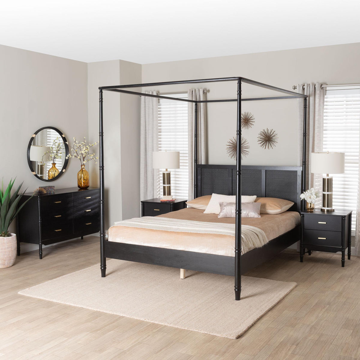Marisela 4-Piece Black Bedroom Set - CaNopy Bed with Synthetic Rattan Headboard, Matching Dresser and Two Nightstands, Modern Transitional Wood Bedroom Furniture Collection, King