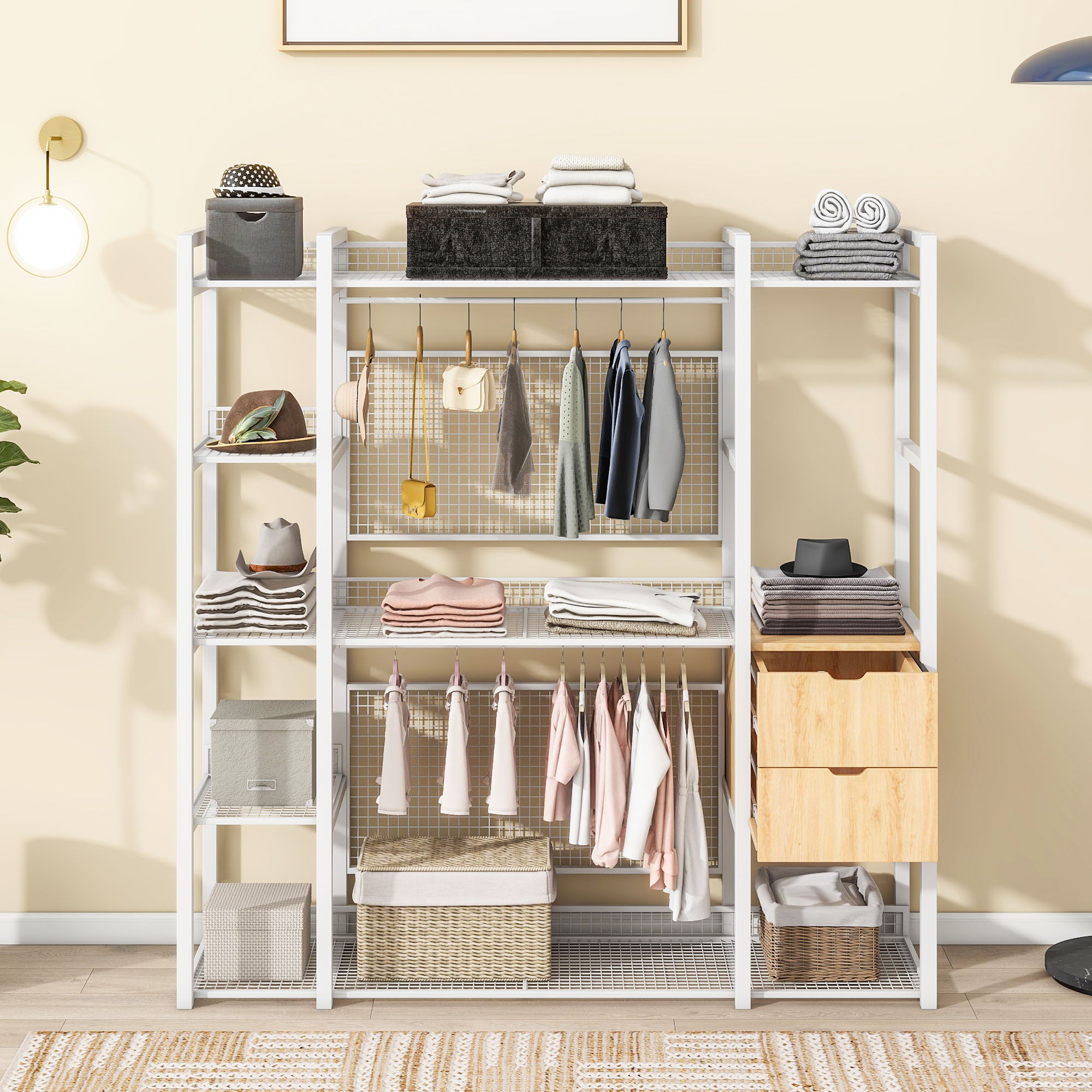 Open Style Wardrobe With Hanging Rails, Shelves And Drawers