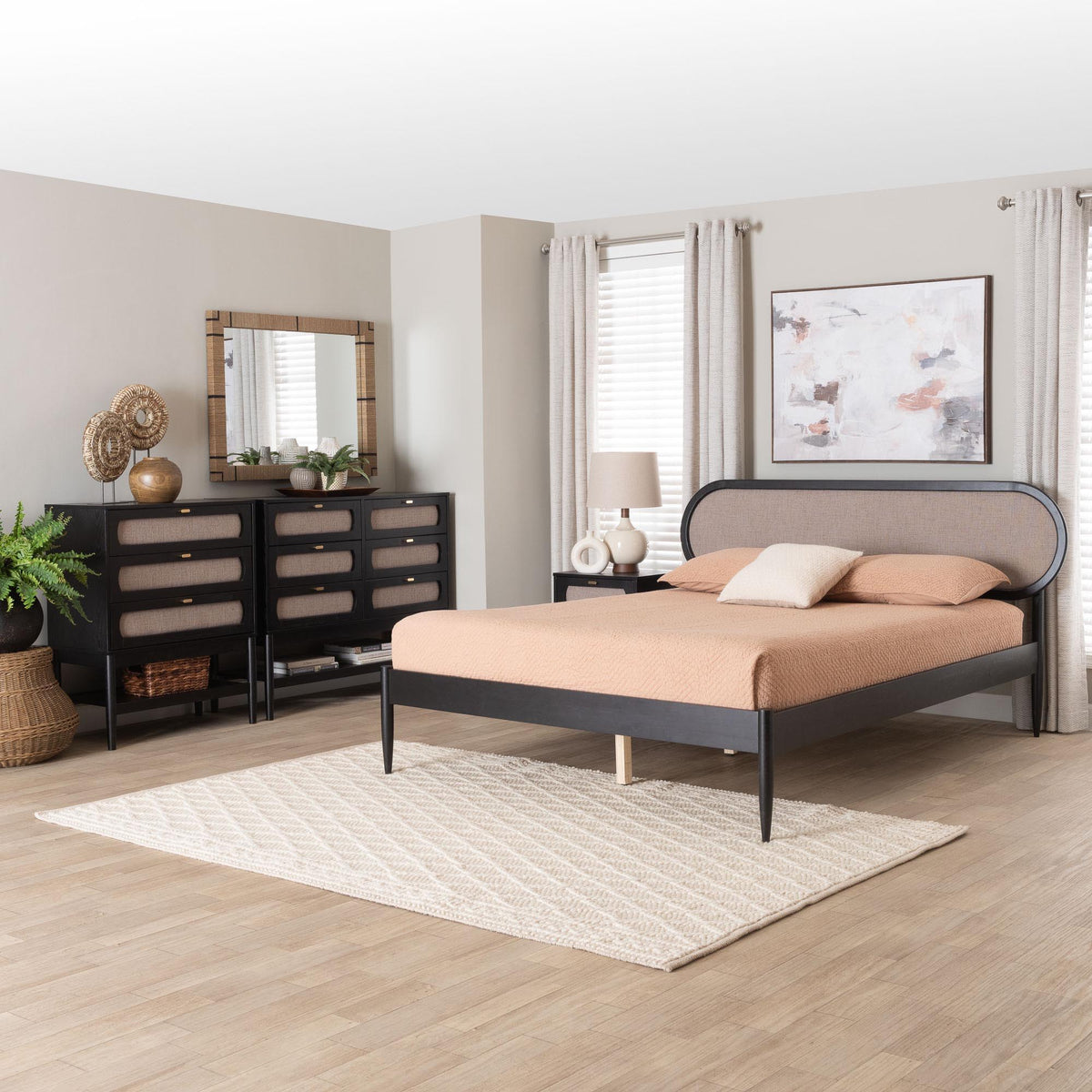 Shirin Mid-Century Beige Fabric and Black Wood Queen 4-Piece Bedroom Set