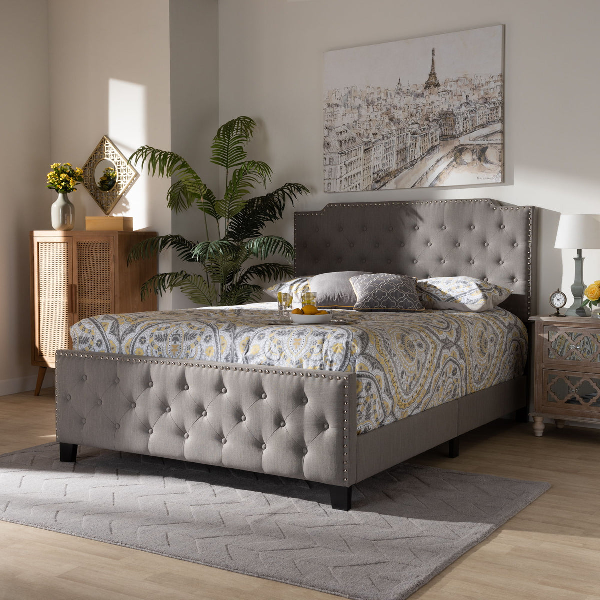 Marion Modern Transitional Grey Fabric Upholstered Button Tufted Queen Size Panel Bed