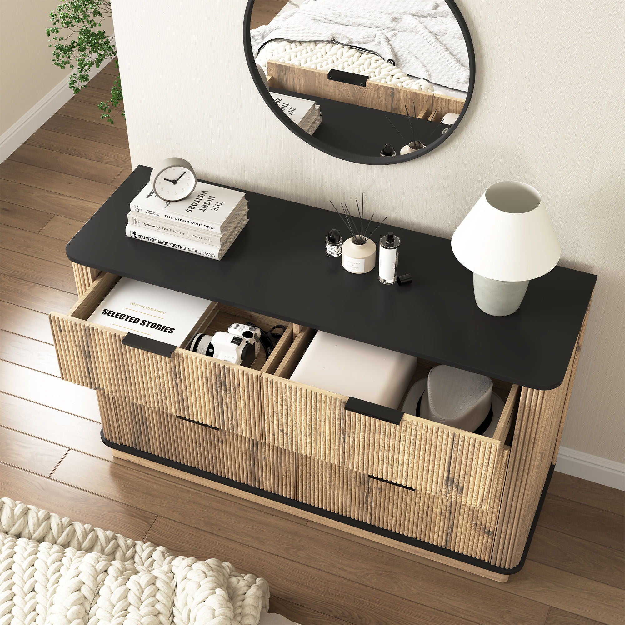 Modern 6 Drawer Cabinet With Metal Rounded Corners And Exquisite Handles Multi Functional Storage - Natural Wood