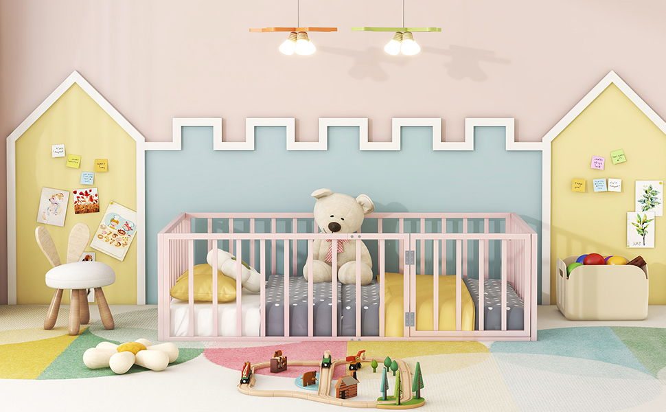 Metal Floor Bed Frame With Fence And Door