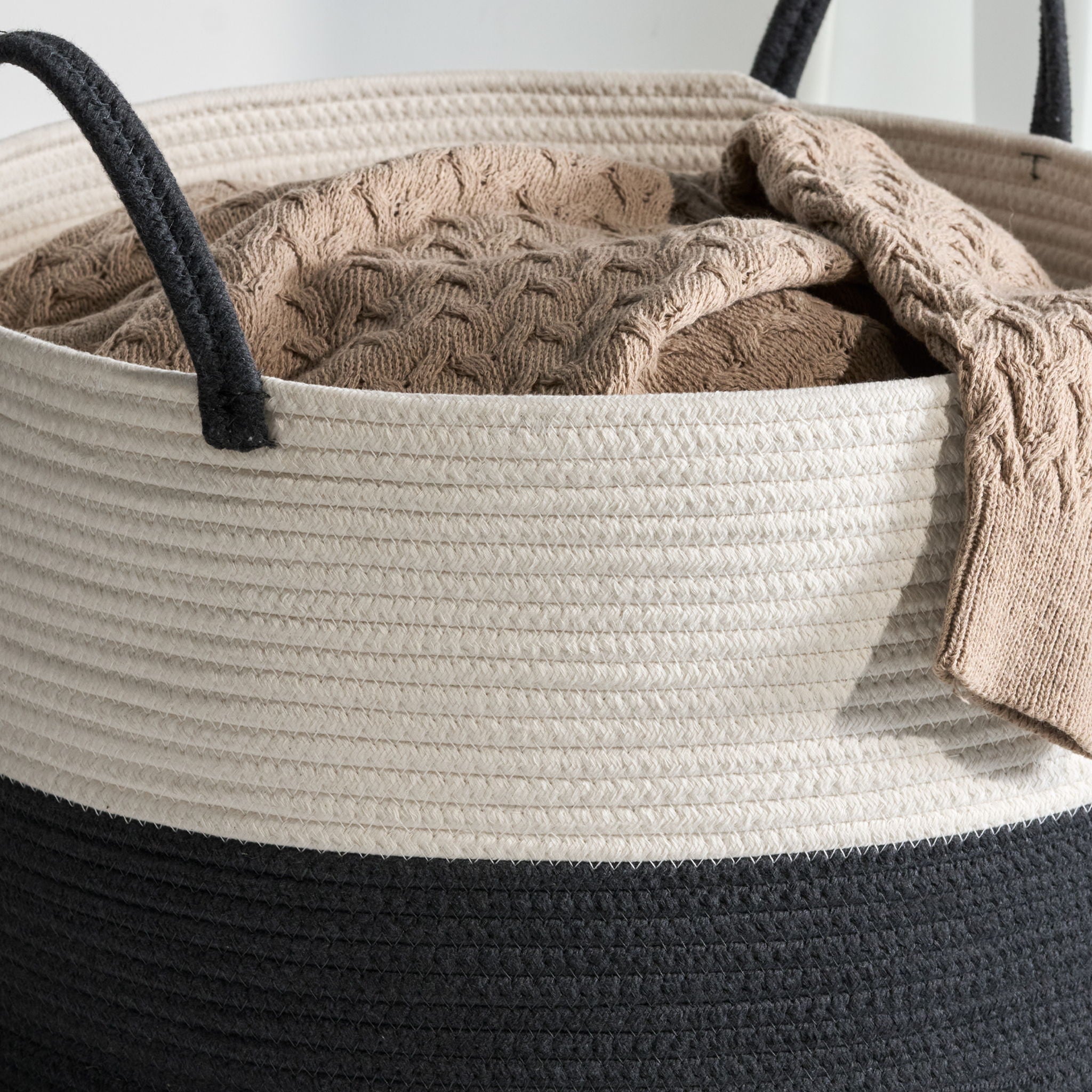 Cotton Round Laundry And Storage Basket With Sturdy Handles - Gray / White