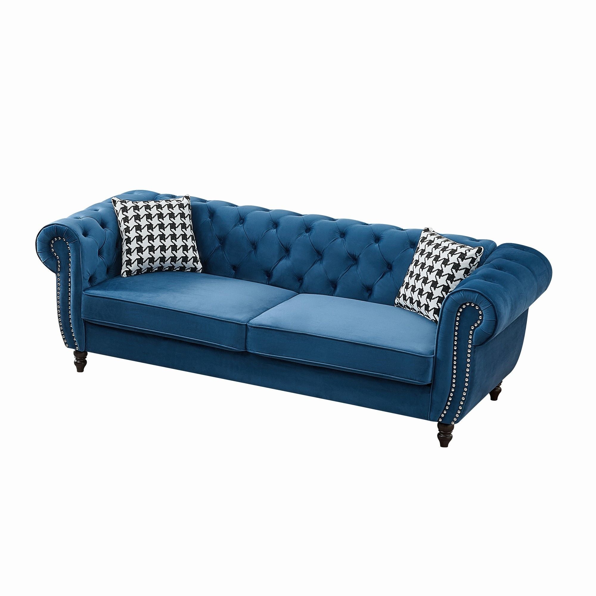 Mid Century Chesterfield Velvet Fabric Sofa With Roll Armrest & Nailhead, Blue, 87 Inches
