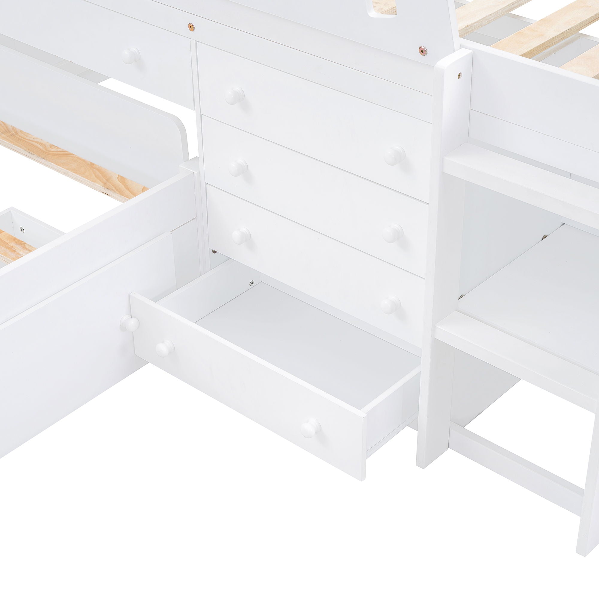 Loft Platform Bed With 7 Drawers And Full Guardrails, Modern L Shaped Space Savin