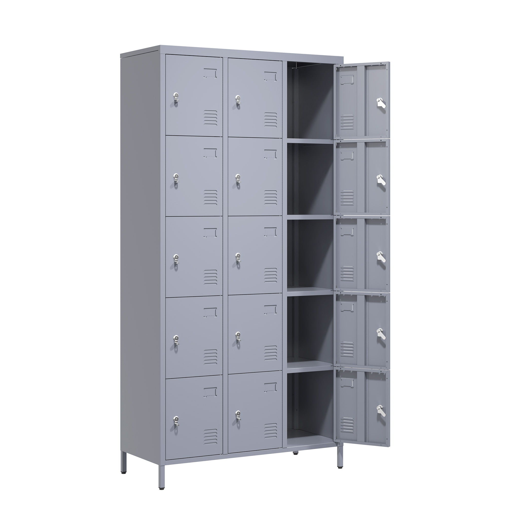15 Door Lockers With Lock For Storage In Home, Gym, Office, And School - Gray