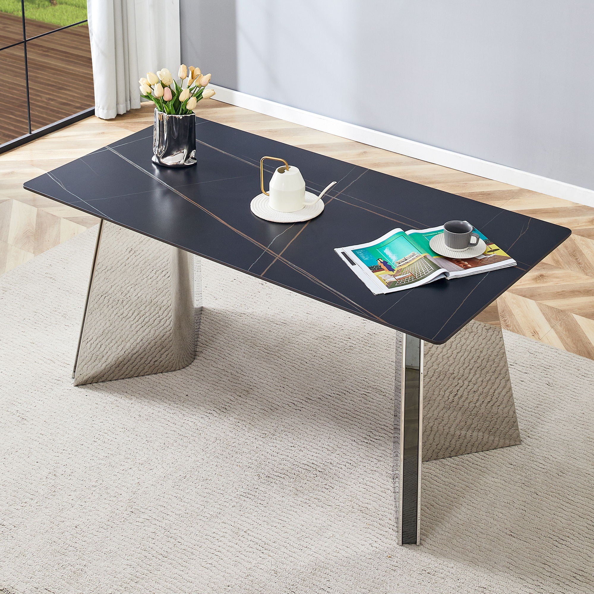 Modern Marble Patterned Dining Table With Stainless Steel Butterfly Legs