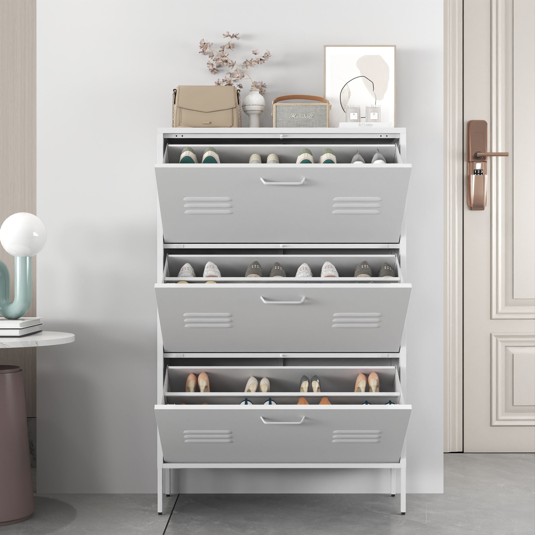 Modern Shoe Storage Cabinet With 3 Flip Drawers And Metal Frame For Entryway - Brushed Nickel