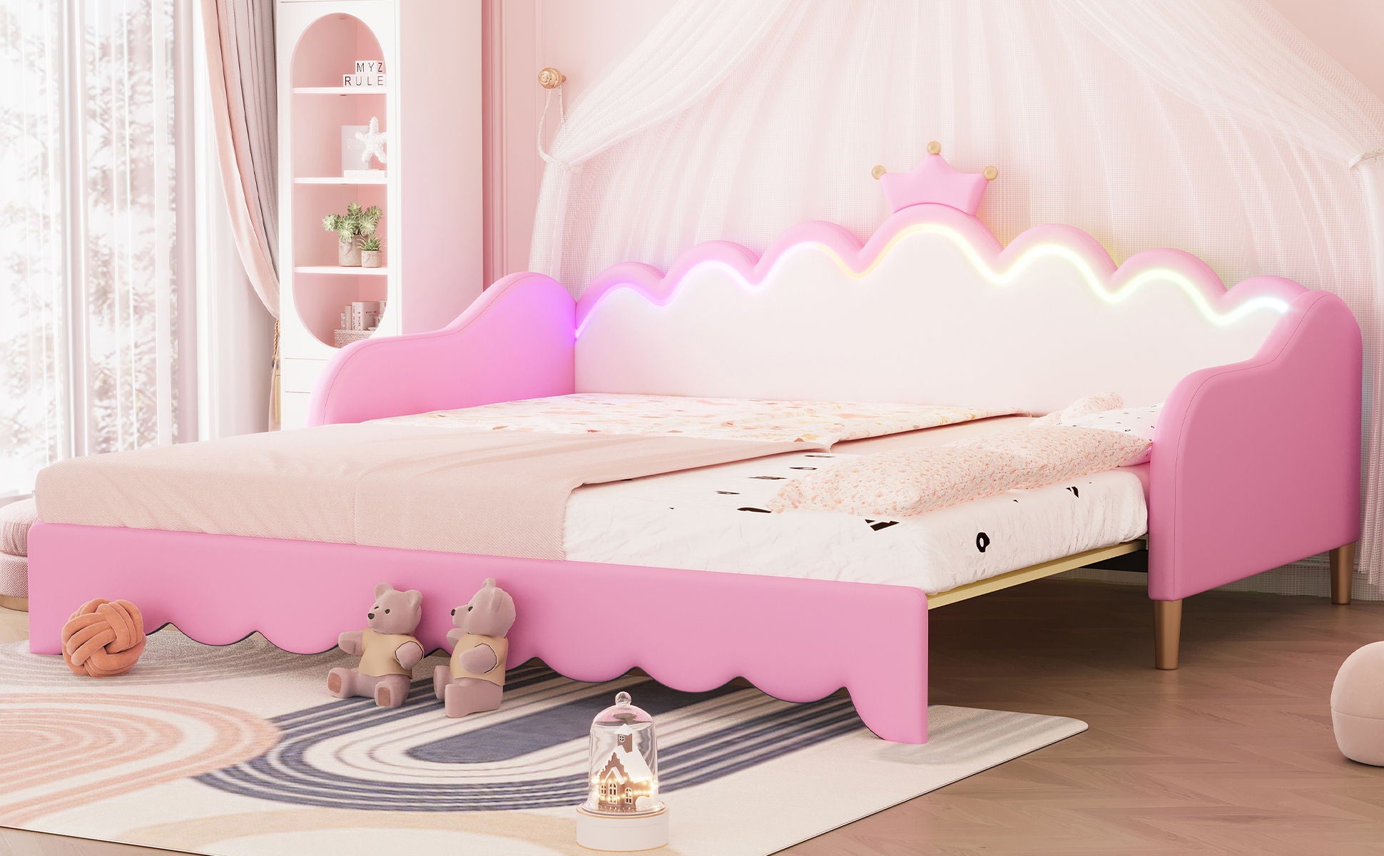 Extending Daybed With LED Lights, Modern Upholstered Princess Daybed With Crown Headboard
